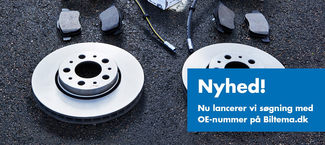 To bremseskiver placeret på mørk baggrund med Biltema-logo og tekstfelt i nederste højre hjørne. Bruges som information til den nye OE-søgefunktion på Biltema.dk.