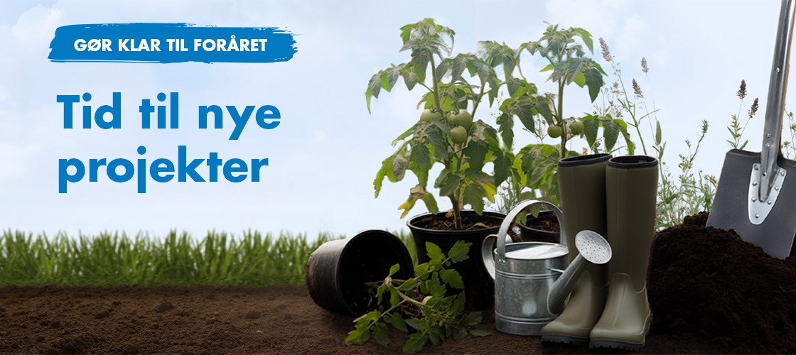 Et inspirerende forårsbillede fra Biltema, der viser haveværktøj såsom en spade, en vandkande, gummistøvler og planteværktøj i jorden. Teksten på billedet lyder: »Gør klar til foråret!« under overskriften »Tid til nye projekter«.