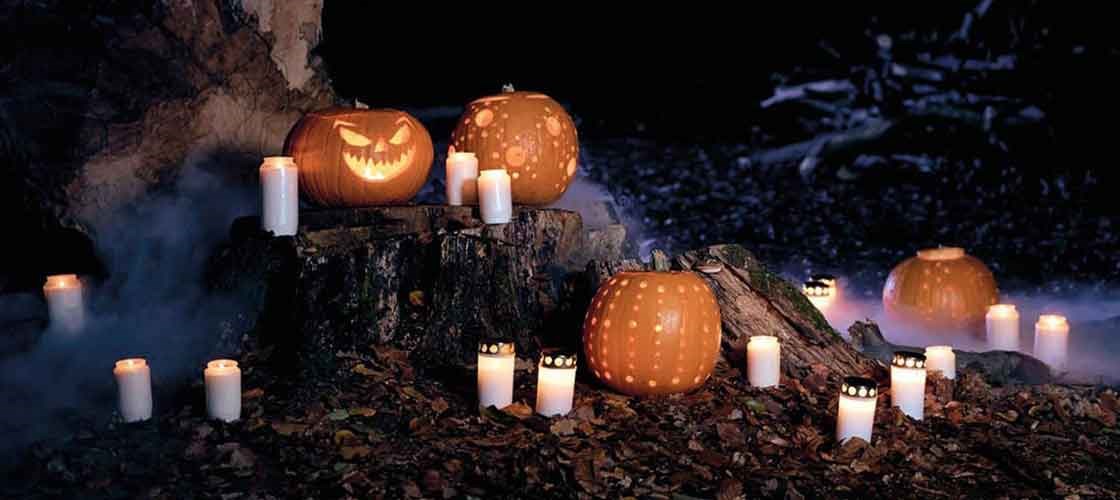 Udskårne græskar med levende lys omkring, placeret på stubbe og blade i en mørk skov – omgivet af tåge og stearinlys, skaber en uhyggelig Halloween-stemning.