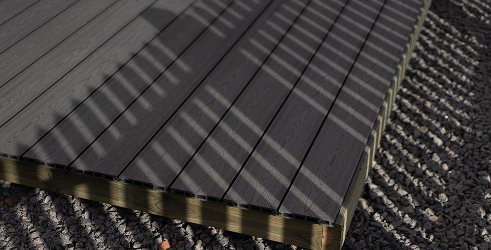 Terrace made of composite boards from Biltema.