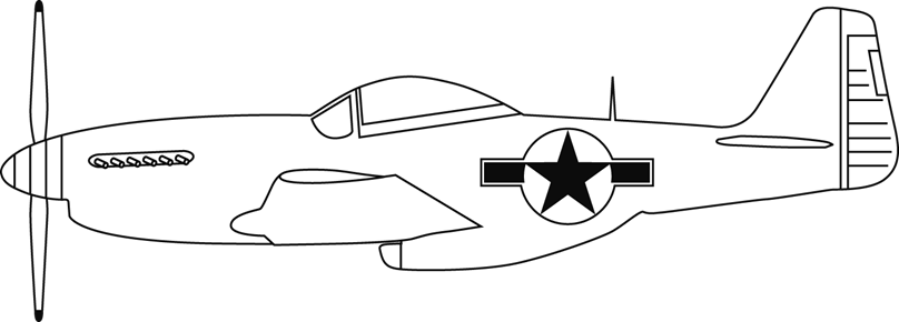 Stregtegning af amerikansk jagerfly med propel og USAF-rundel på flykroppen.