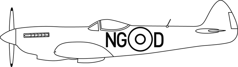 Stregtegning af britisk jagerfly med propeller og markeringen NG-D på flykroppen.