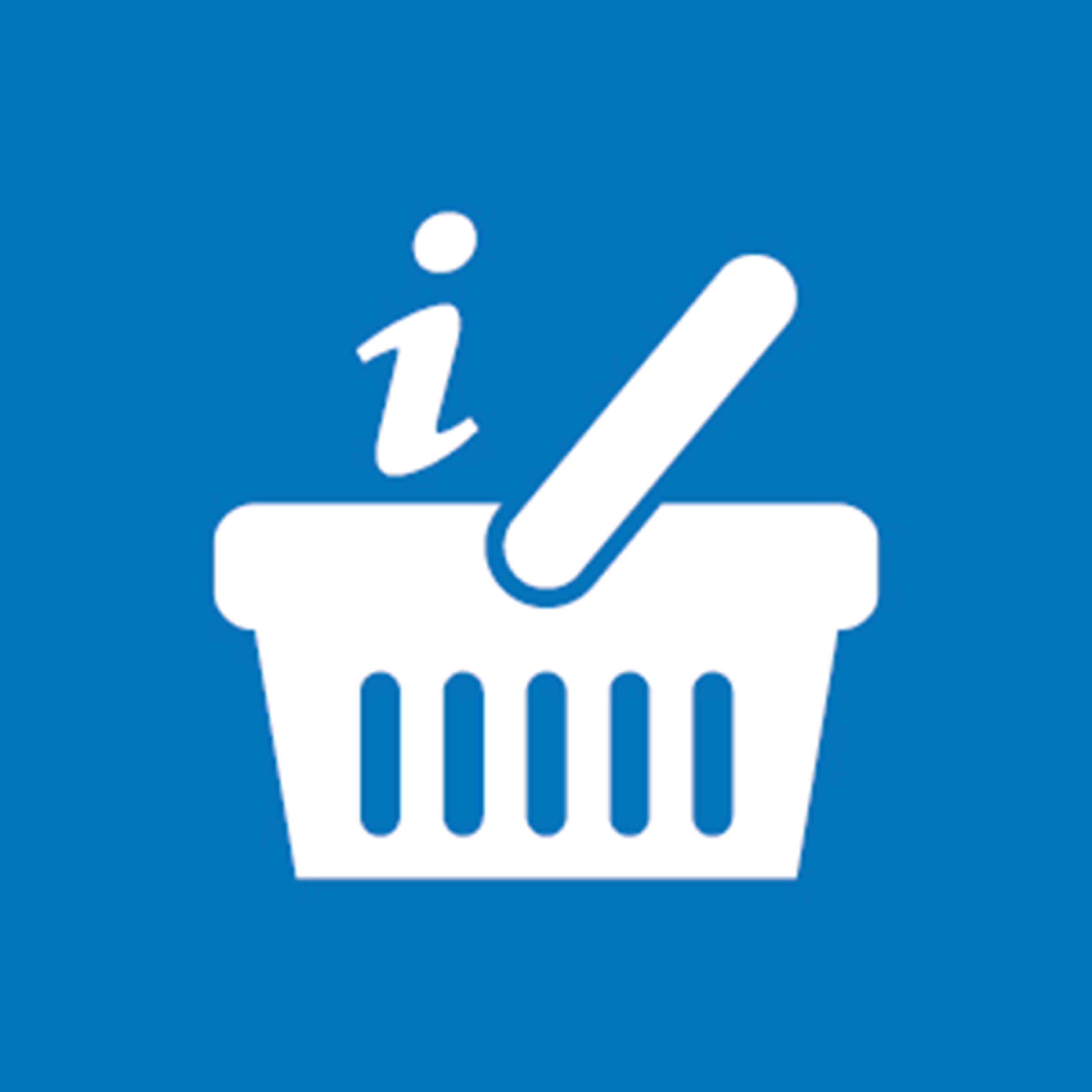 Ikon af en hvid indkøbskurv med et informationssymbol over på en blå baggrund.