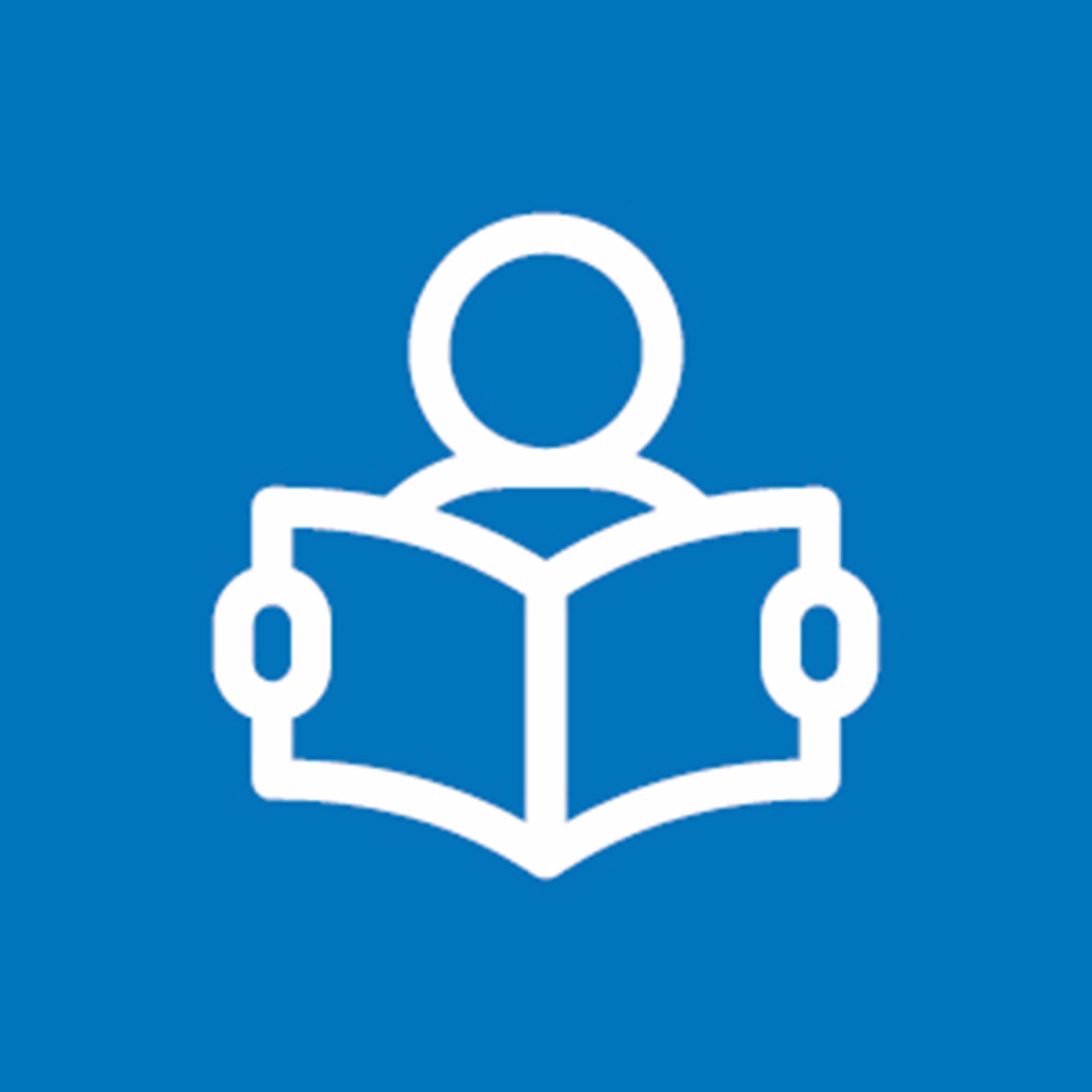 Ikon med en hvid figur, der læser en bog, på en blå baggrund.