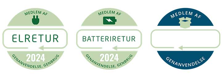 Three green and blue labels for membership in recycling schemes: Elretur, Batteriretur and an empty recycling certification for 2024 with a focus on recycling and reuse.
