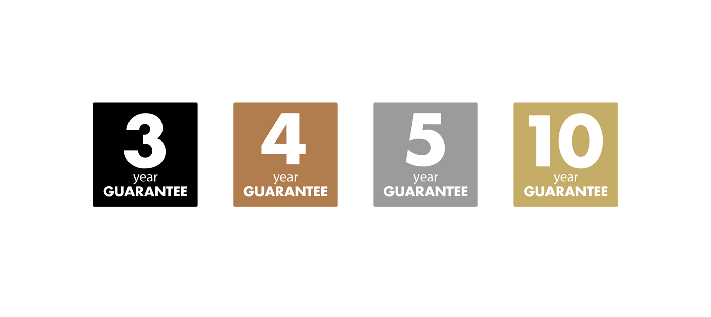 Ikoner, der viser 3, 4, 5 og 10 års garanti.