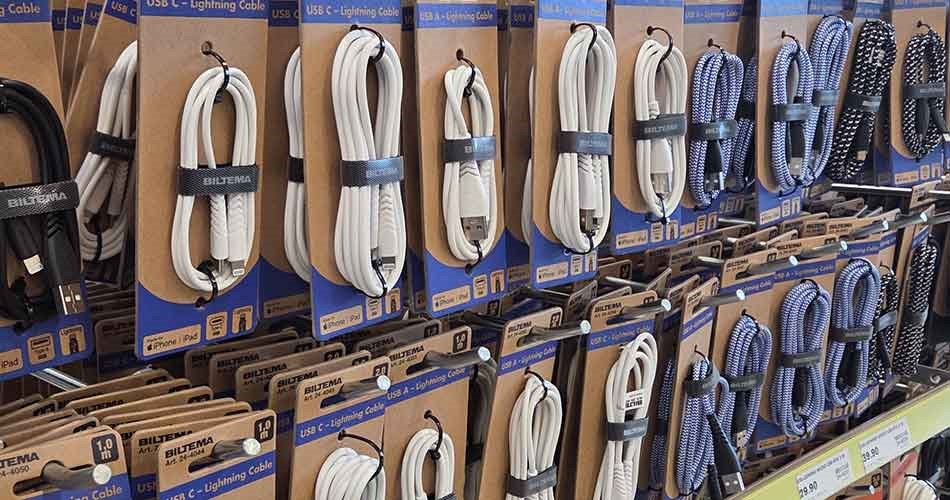Hylder i Biltema-varehus med ophængte USB-kabler i emballage.