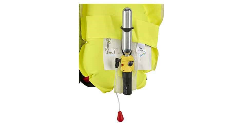 Location of gas cartridge and release mechanism on the life jacket.