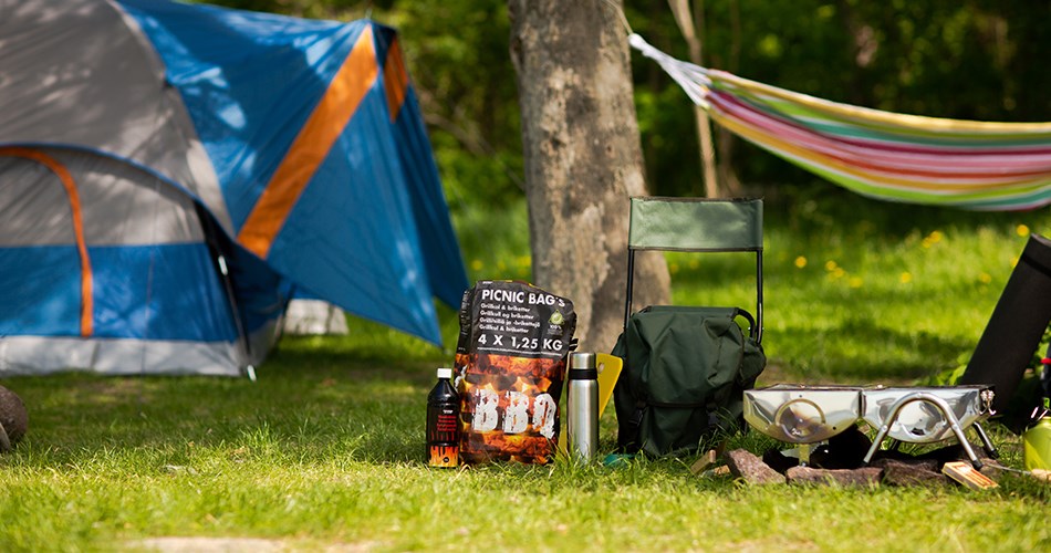Forest camping equipment - tent, hammock, folding chair, cooler, thermos bottles and camping cookware on lawn under trees.