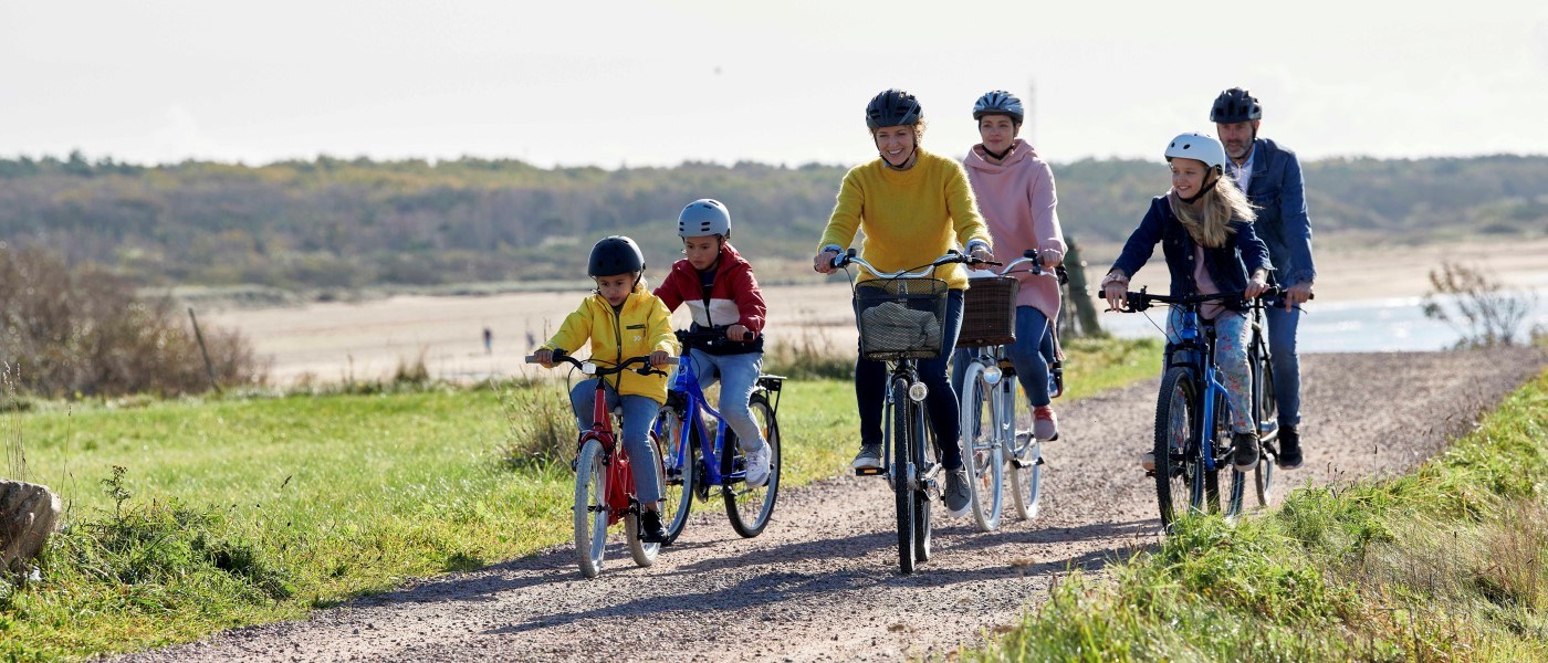 Familie på fem cykler sammen ad en grussti i naturen. To voksne og tre børn iført cykelhjelme og farverigt tøj cykler i række langs vandet, med grønne enge og blå himmel i baggrunden.