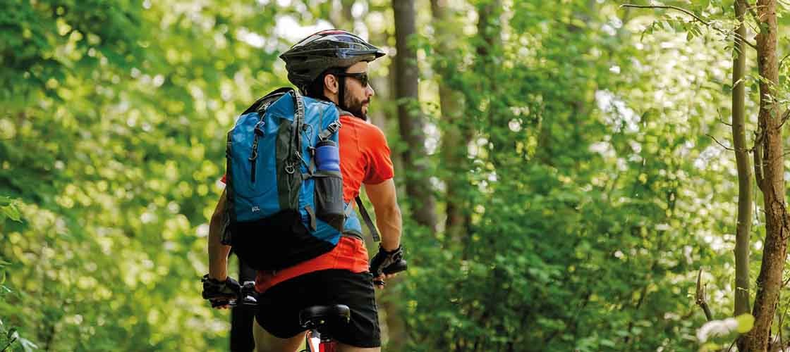 Person i rød trøje og cykelhjelm cykler gennem skovsti med grønne træer omkring. Han bærer en stor blå rygsæk og er set bagfra i naturligt dagslys.