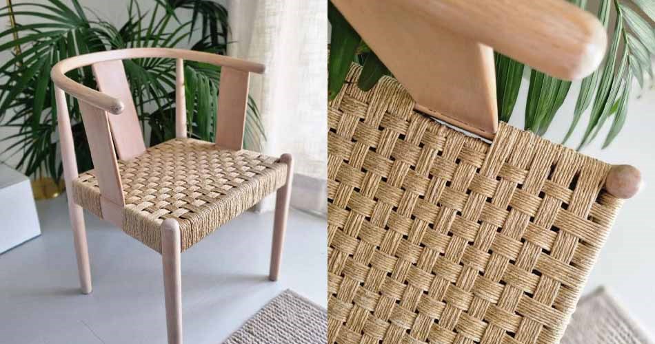 Elegant wooden chair with curved backrest and wickerwork in the seat - shown both in full figure and close-up to emphasise details.