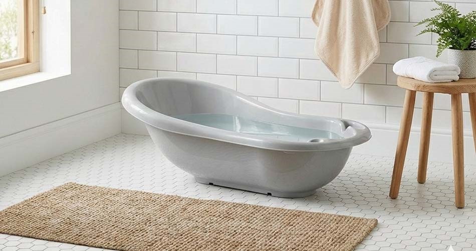 Babybadekar, fyldt med vand, stående på badeværelsesgulvet.