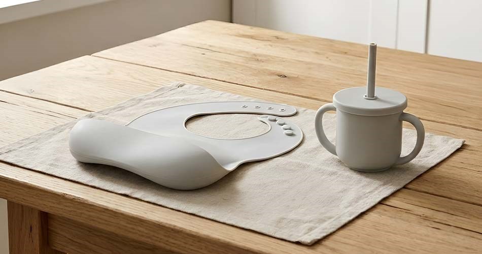 Silikonehagesmæk og babykop med sugerør som står på et spisebord.