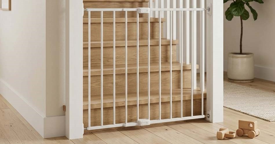 Børnegitter spærrer adgangen til trappe.