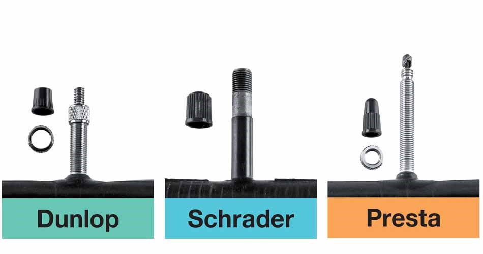 Image with three types of bicycle valves: Dunlop, Schrader and Presta. Each valve is shown vertically with its tyre hole, valve cap and locking ring. The Dunlop valve is labelled with a green background, Schrader with blue and Presta with orange, which helps to visually identify the different valve types.